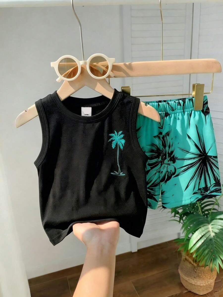 Baby Boy Letter Print Tank Top and Palm Tree Print Shorts 3 Piece Summer Outfit Set with Sunglasses