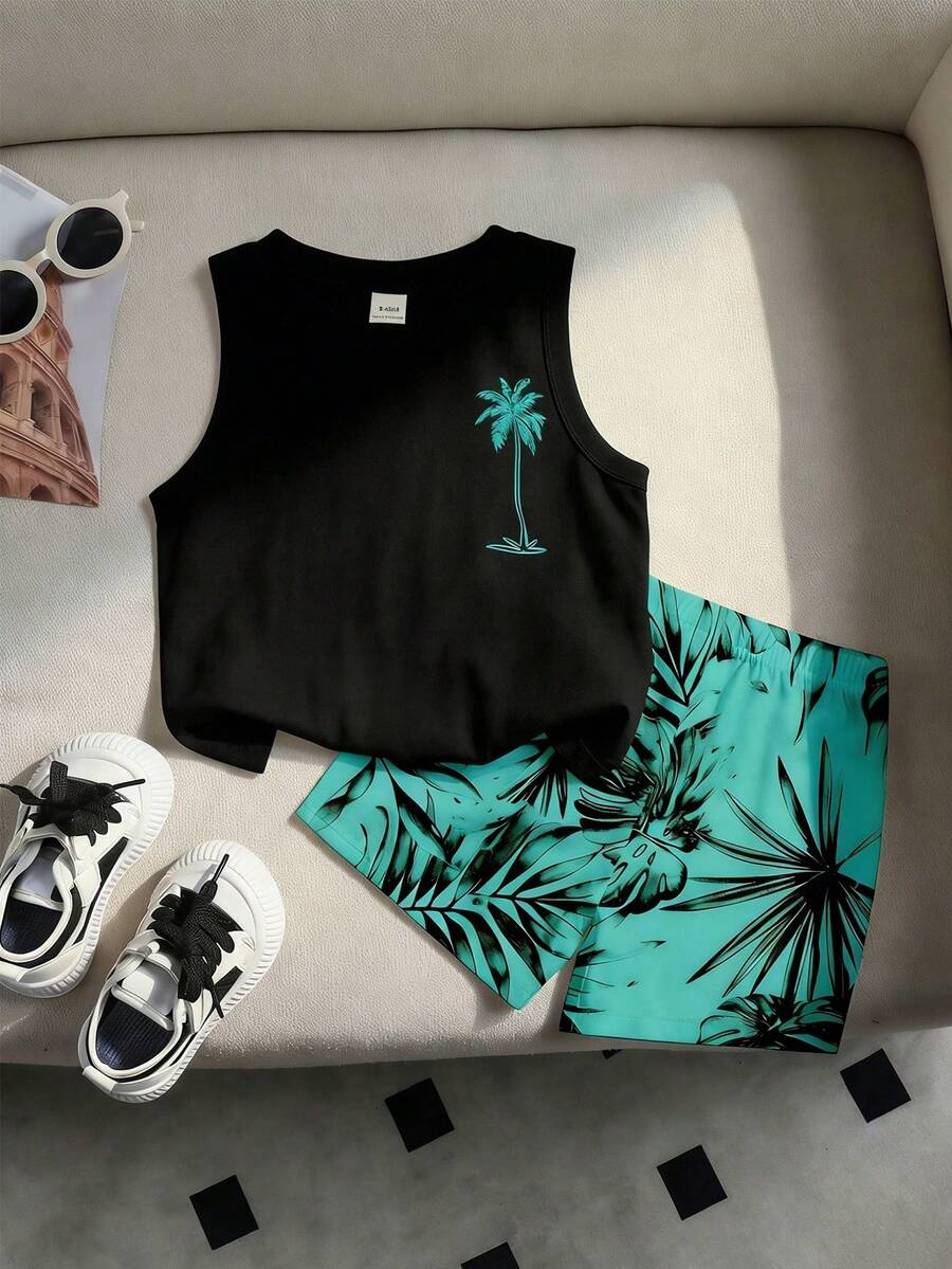 Baby Boy Letter Print Tank Top and Palm Tree Print Shorts 3 Piece Summer Outfit Set with Sunglasses