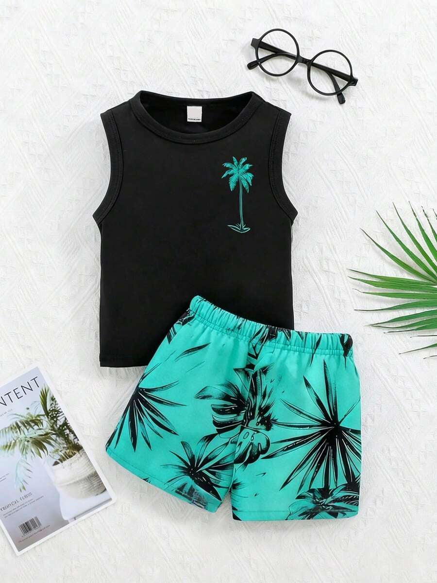 Baby Boy Letter Print Tank Top and Palm Tree Print Shorts 3 Piece Summer Outfit Set with Sunglasses