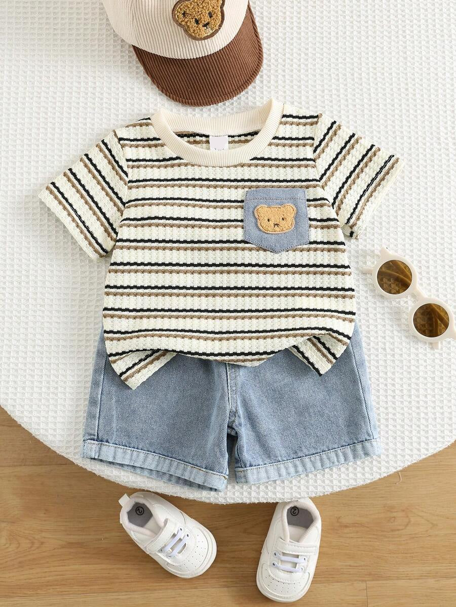 Baby Boy Black and White Striped T Shirt and Denim Shorts 2 Piece Casual Spring Summer Outfit Set