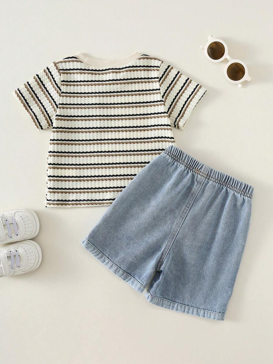 Baby Boy Black and White Striped T Shirt and Denim Shorts 2 Piece Casual Spring Summer Outfit Set