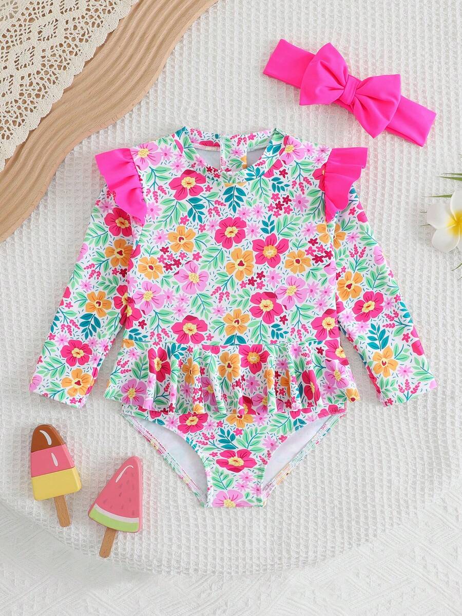 Little Girls Floral Ruffle Swimwear And Matching Headband Summer Vacation Outfit