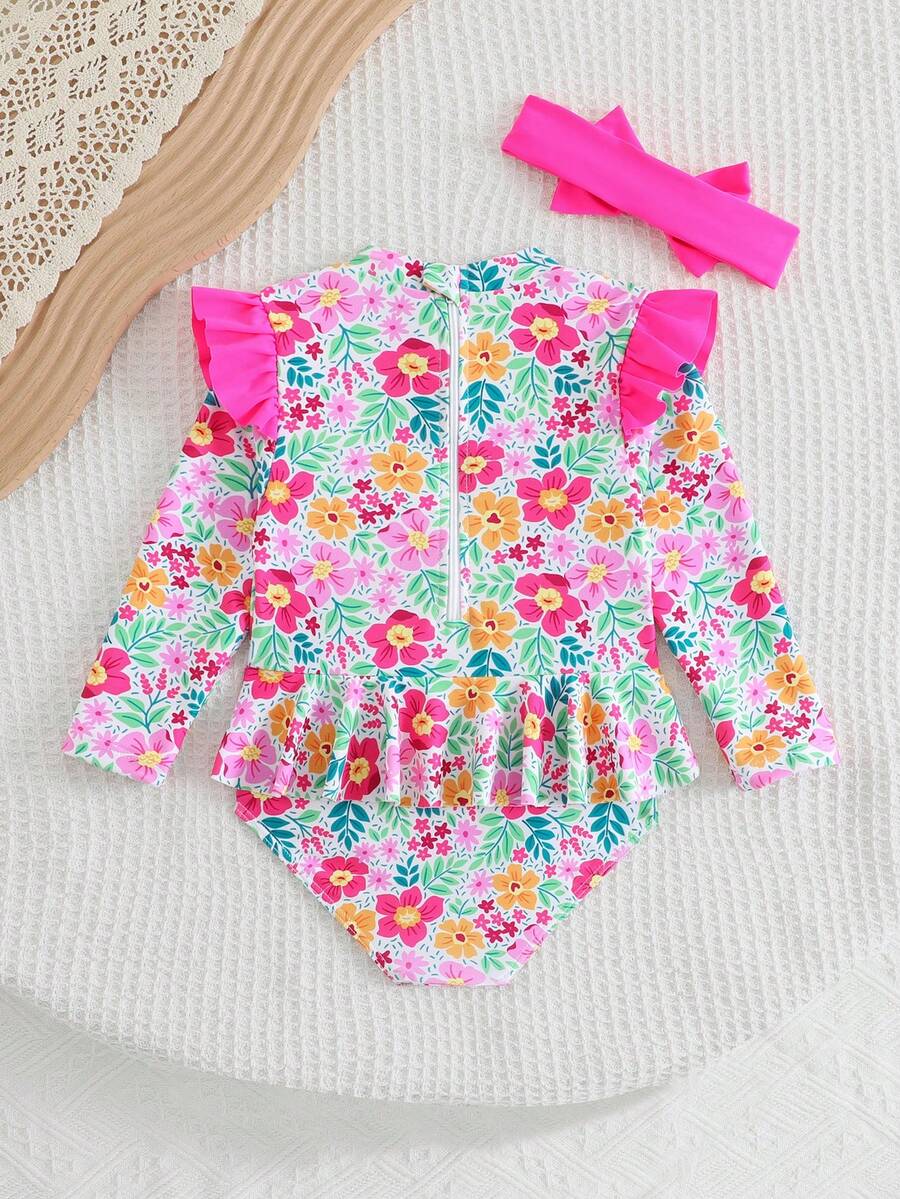 Little Girls Floral Ruffle Swimwear And Matching Headband Summer Vacation Outfit