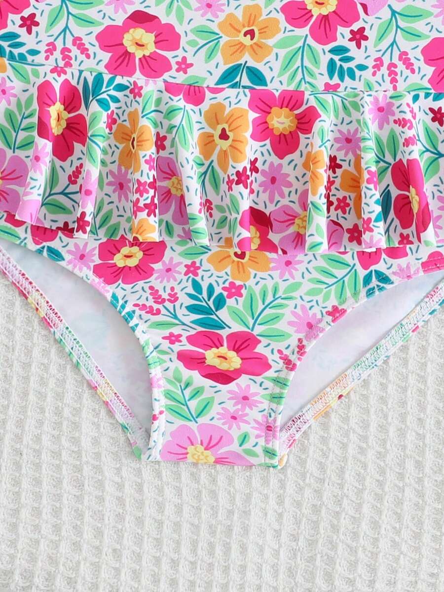 Little Girls Floral Ruffle Swimwear And Matching Headband Summer Vacation Outfit