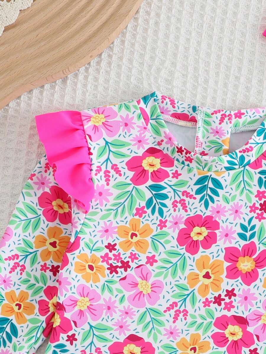 Little Girls Floral Ruffle Swimwear And Matching Headband Summer Vacation Outfit