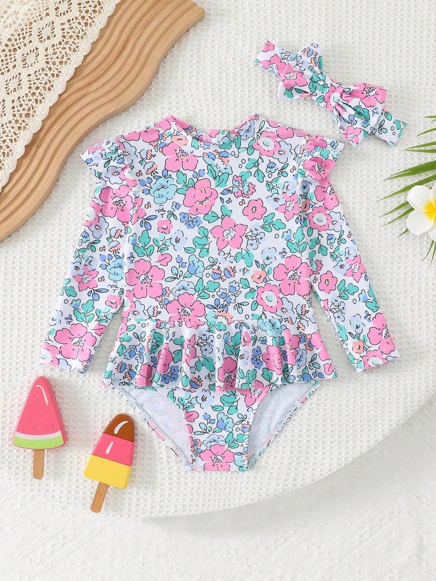 Little Girls Floral Ruffle Swimwear And Matching Headband Summer Vacation Outfit