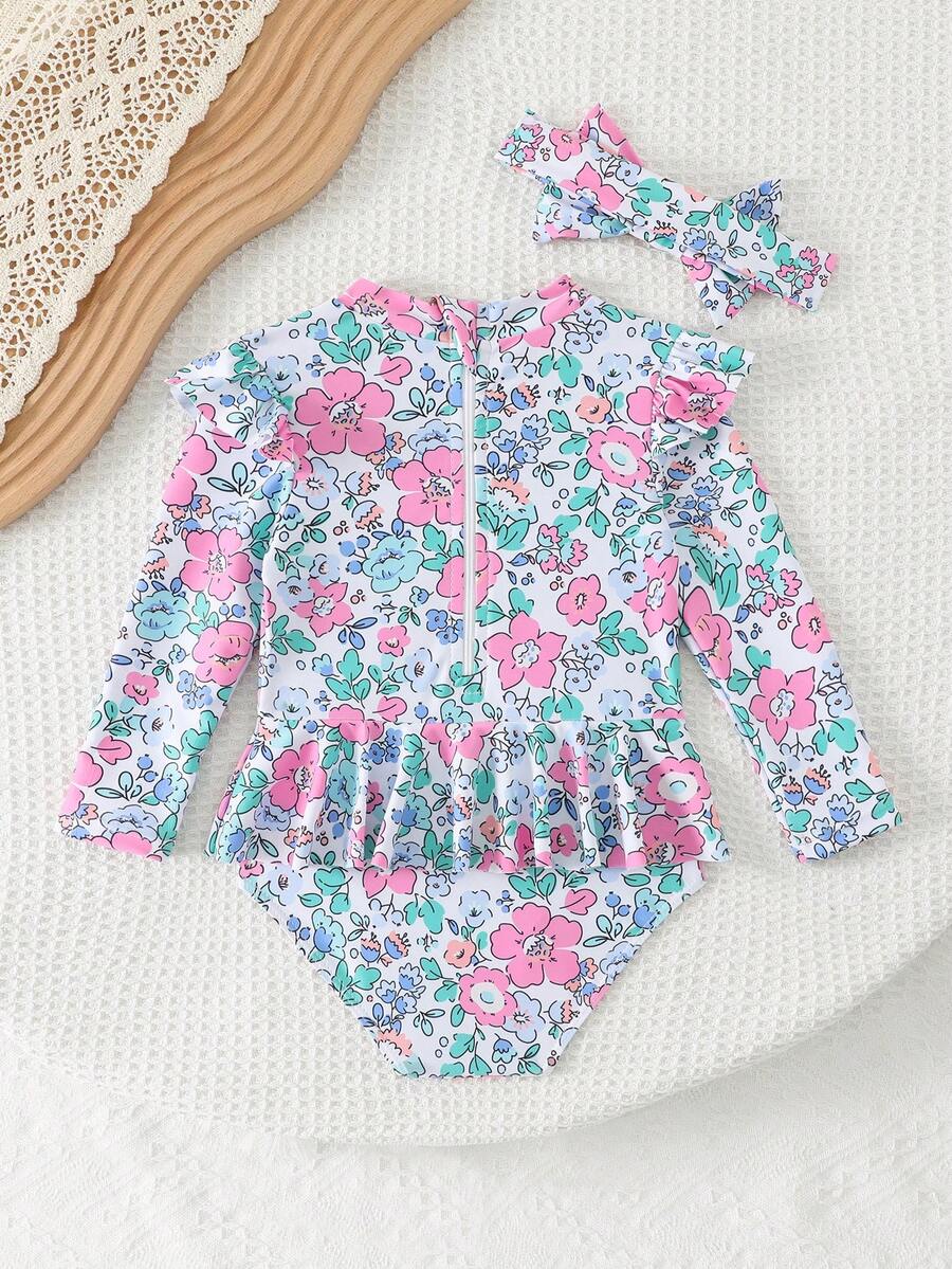 Little Girls Floral Ruffle Swimwear And Matching Headband Summer Vacation Outfit