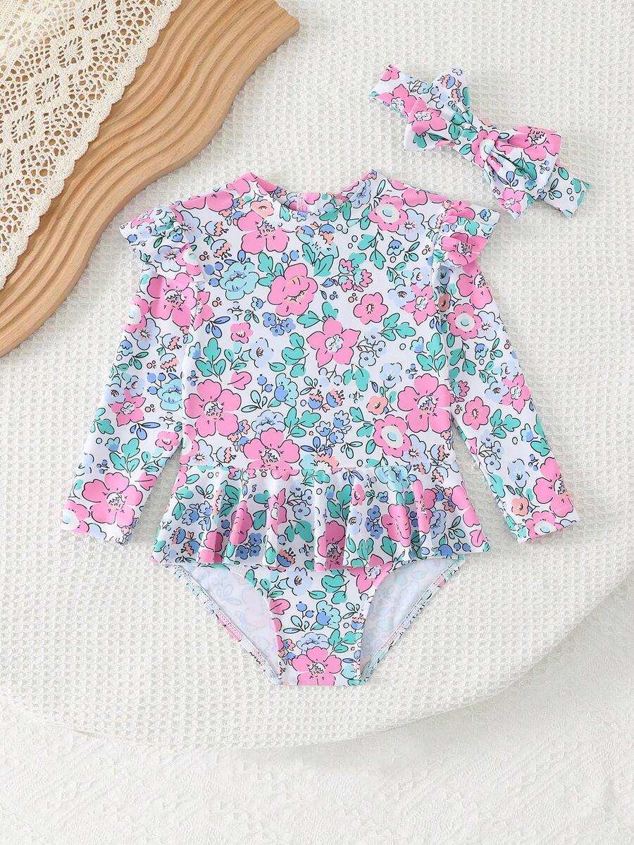 Little Girls Floral Ruffle Swimwear And Matching Headband Summer Vacation Outfit