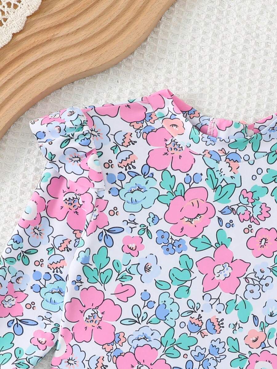 Little Girls Floral Ruffle Swimwear And Matching Headband Summer Vacation Outfit