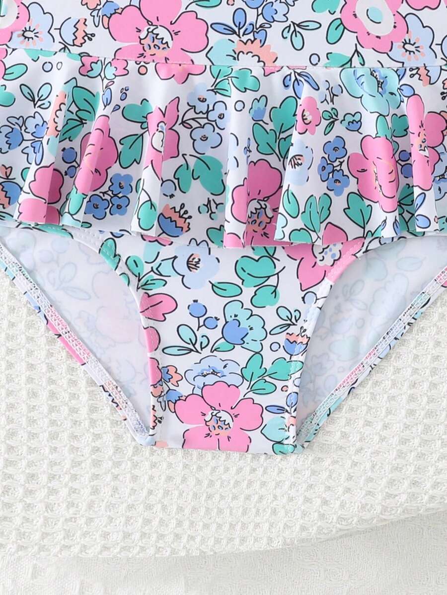 Little Girls Floral Ruffle Swimwear And Matching Headband Summer Vacation Outfit
