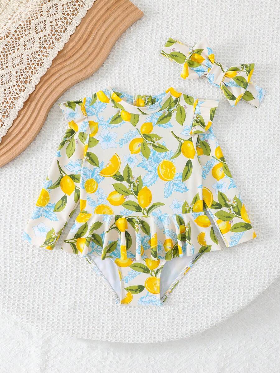 Little Girls Floral Ruffle Swimwear And Matching Headband Summer Vacation Outfit