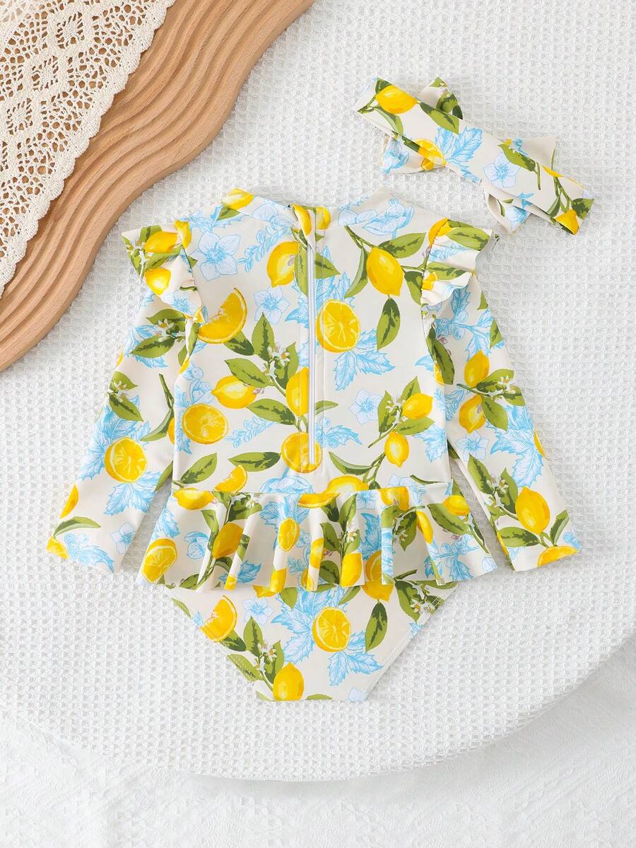 Little Girls Floral Ruffle Swimwear And Matching Headband Summer Vacation Outfit