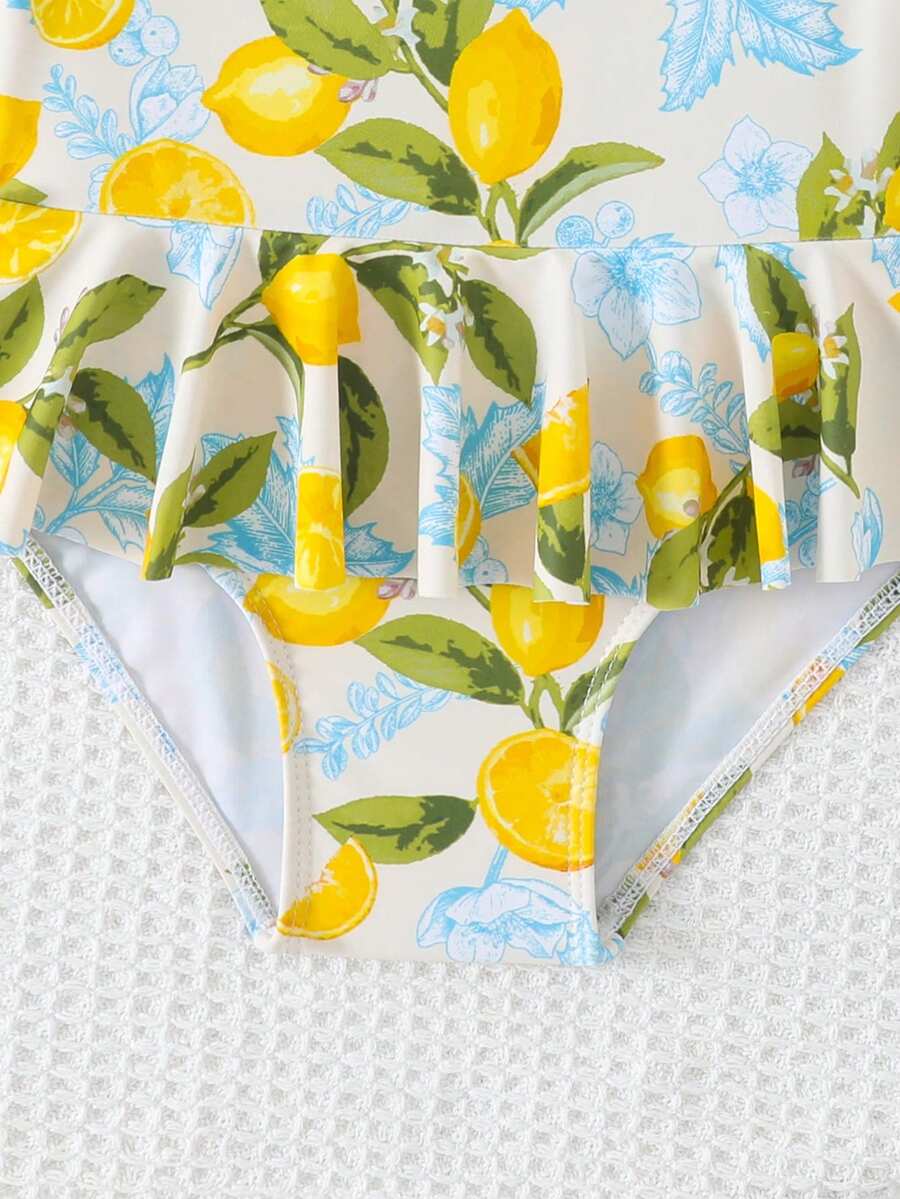 Little Girls Floral Ruffle Swimwear And Matching Headband Summer Vacation Outfit