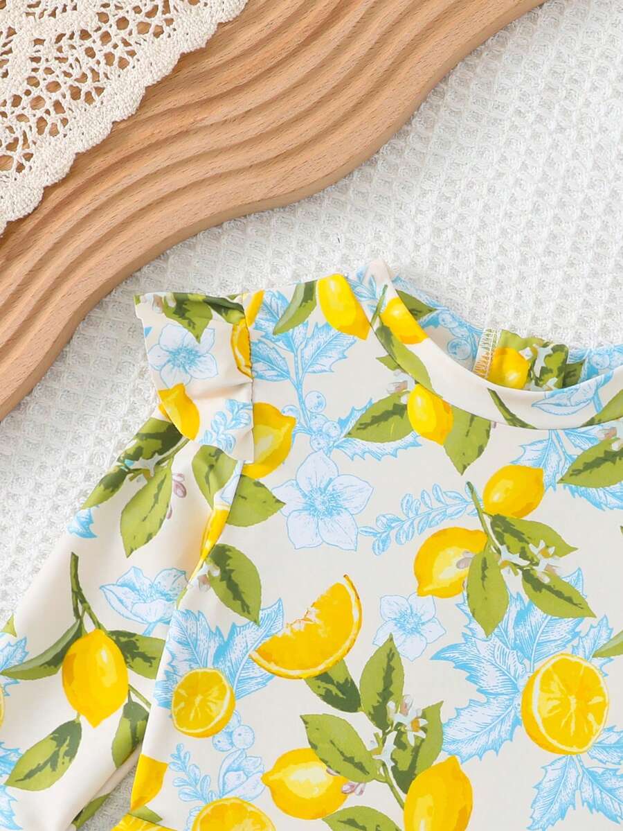 Little Girls Floral Ruffle Swimwear And Matching Headband Summer Vacation Outfit