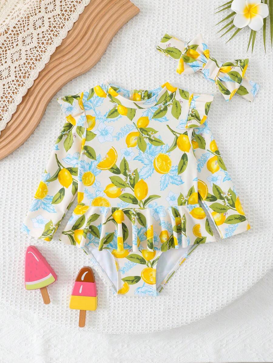 Little Girls Floral Ruffle Swimwear And Matching Headband Summer Vacation Outfit