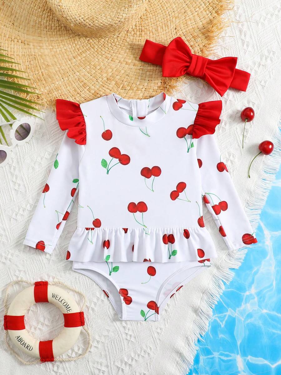 Little Girls Floral Ruffle Swimwear And Matching Headband Summer Vacation Outfit