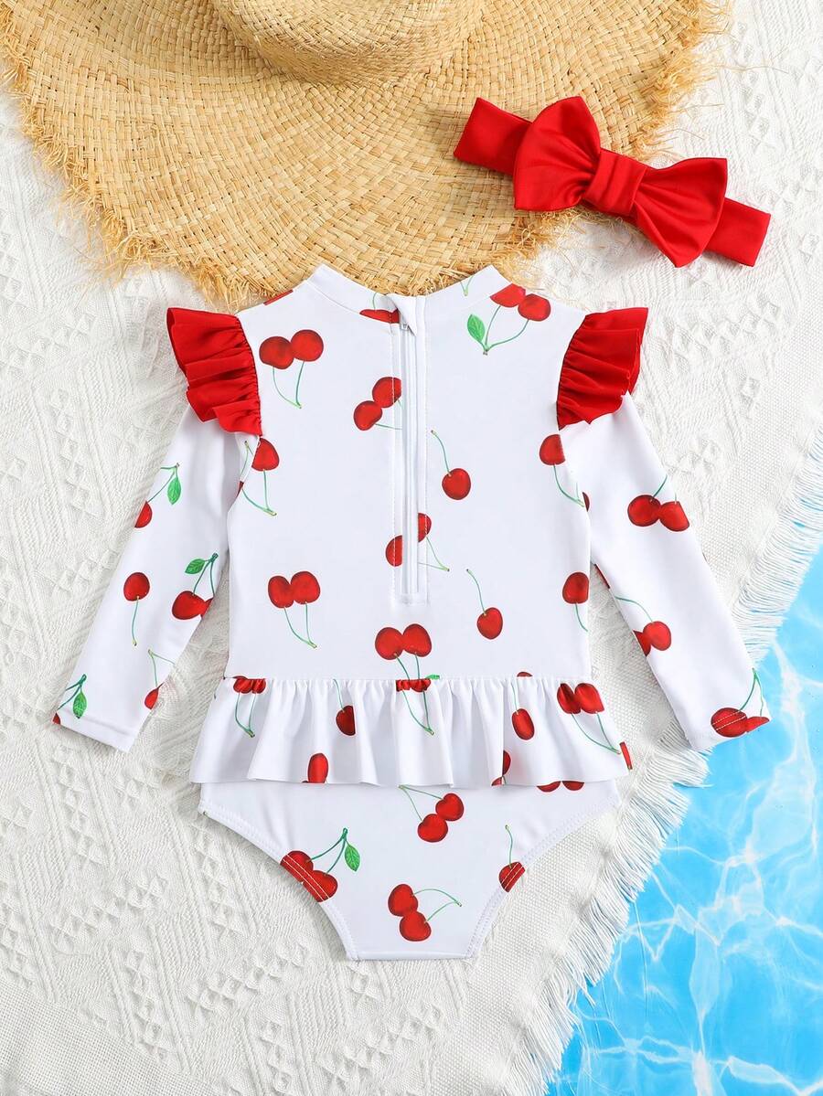 Little Girls Floral Ruffle Swimwear And Matching Headband Summer Vacation Outfit