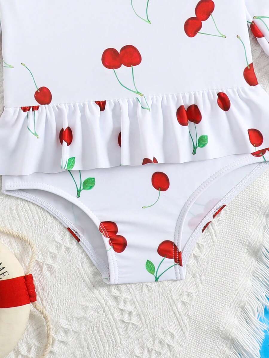 Little Girls Floral Ruffle Swimwear And Matching Headband Summer Vacation Outfit