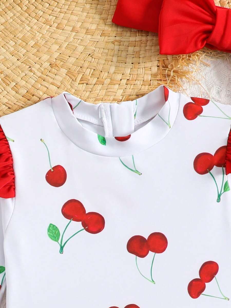 Little Girls Floral Ruffle Swimwear And Matching Headband Summer Vacation Outfit