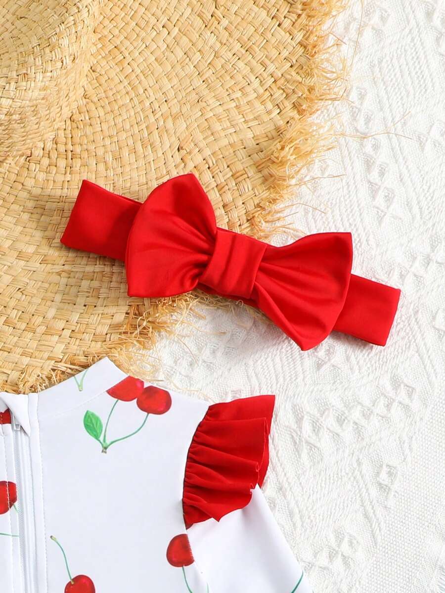 Little Girls Floral Ruffle Swimwear And Matching Headband Summer Vacation Outfit