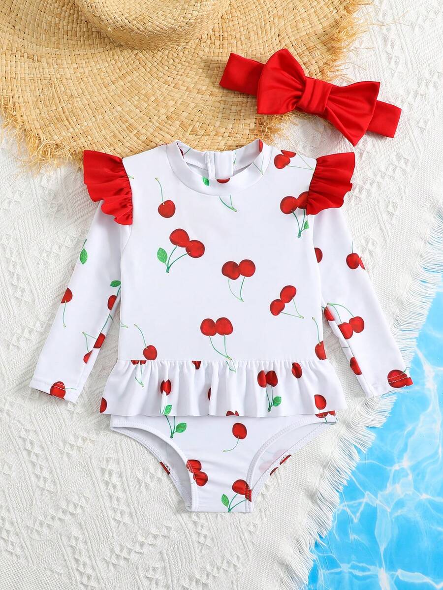 Little Girls Floral Ruffle Swimwear And Matching Headband Summer Vacation Outfit