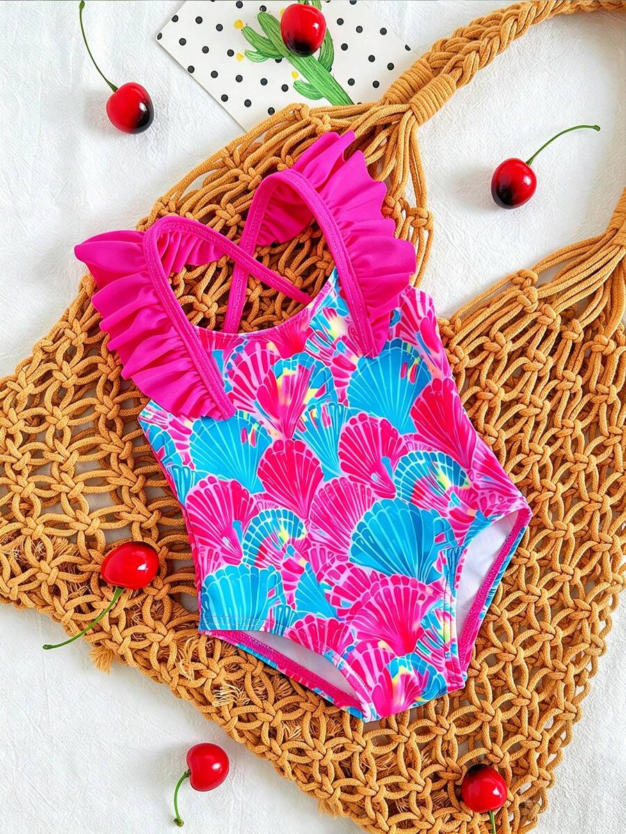 Baby Cherry Print Ruffle One-Piece Swimsuit for Vacation and Summer Play