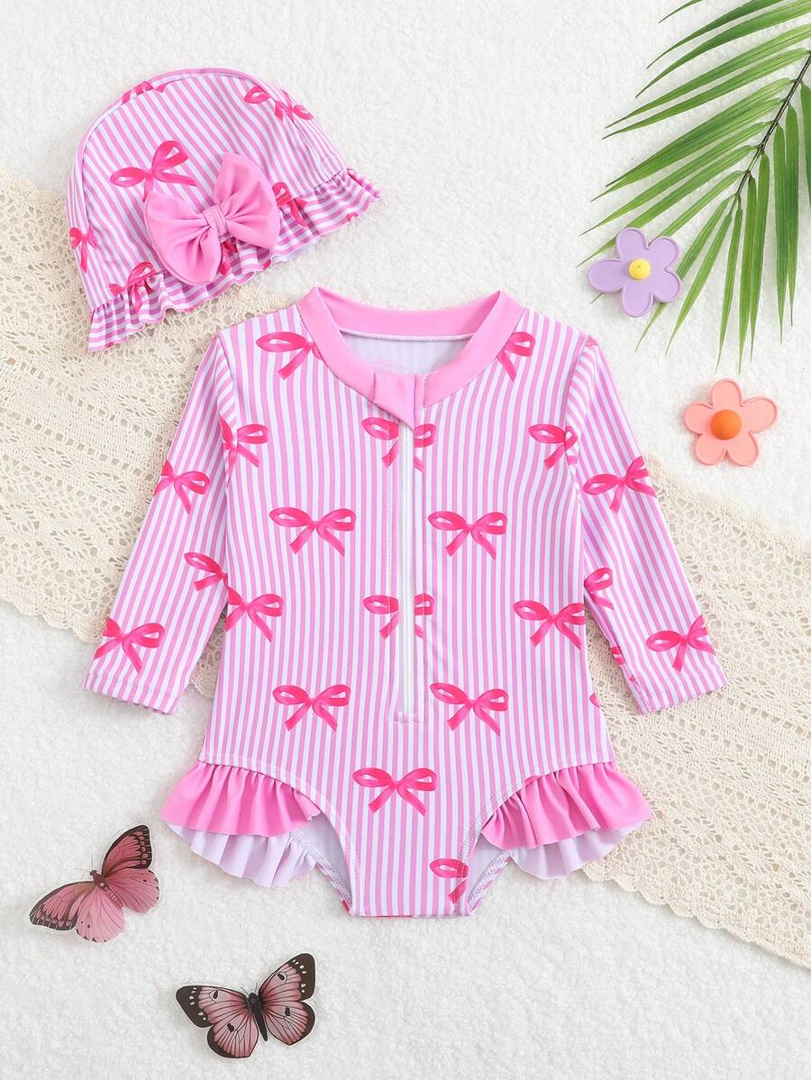 Baby Floral Long Sleeve One-Piece Swimsuit with Ruffle Hem and Matching Headband