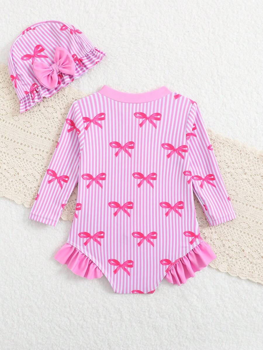 Baby Floral Long Sleeve One-Piece Swimsuit with Ruffle Hem and Matching Headband