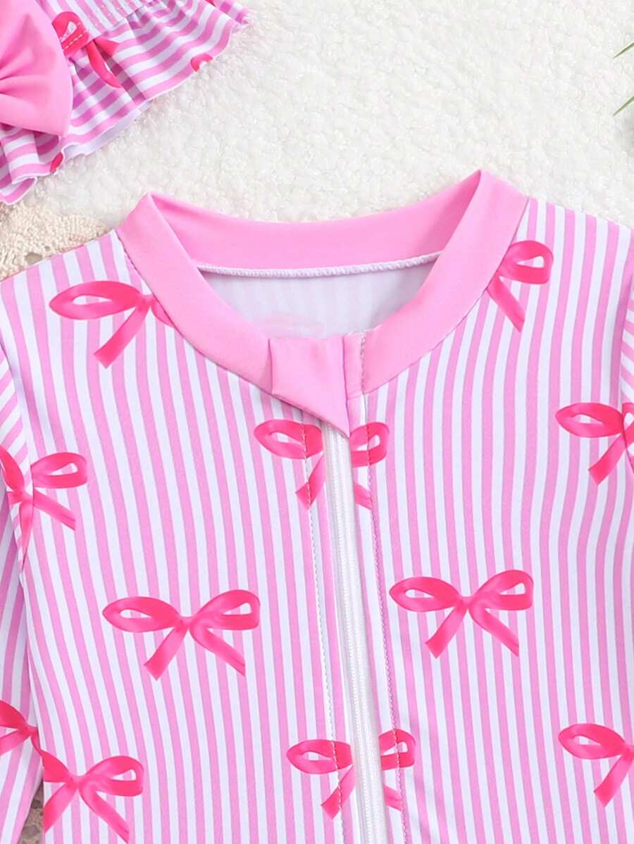 Baby Floral Long Sleeve One-Piece Swimsuit with Ruffle Hem and Matching Headband