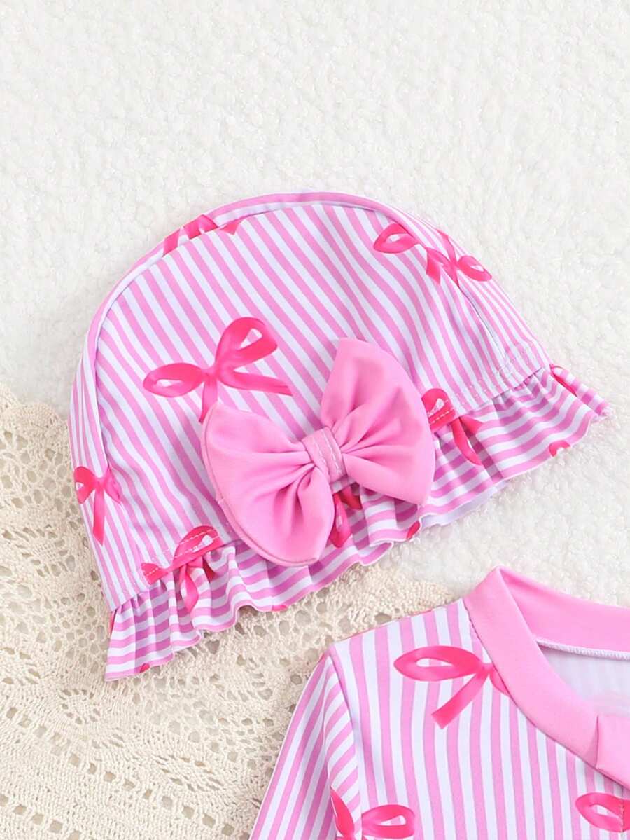 Baby Floral Long Sleeve One-Piece Swimsuit with Ruffle Hem and Matching Headband