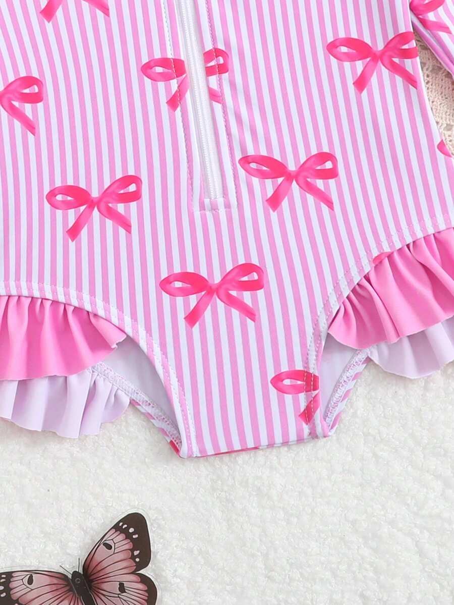 Baby Floral Long Sleeve One-Piece Swimsuit with Ruffle Hem and Matching Headband