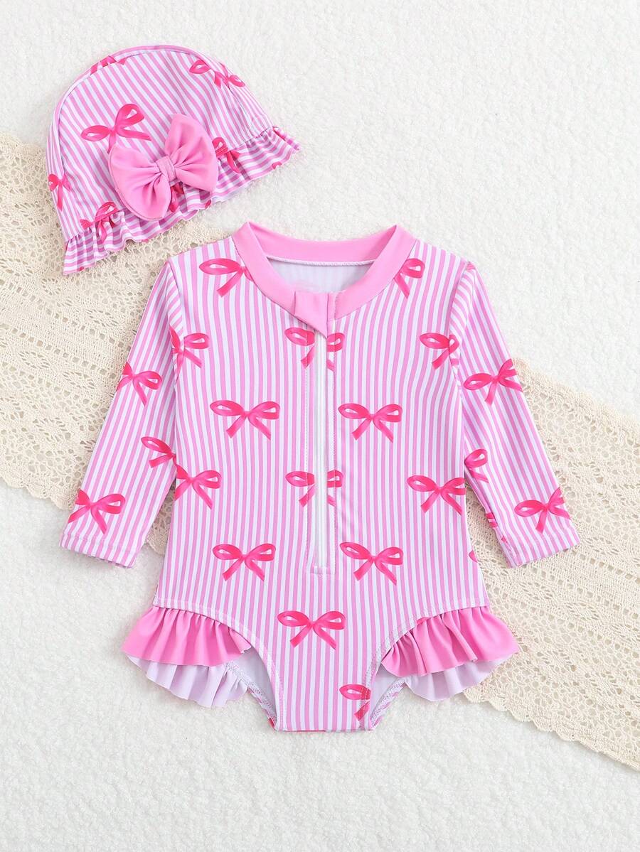 Baby Floral Long Sleeve One-Piece Swimsuit with Ruffle Hem and Matching Headband
