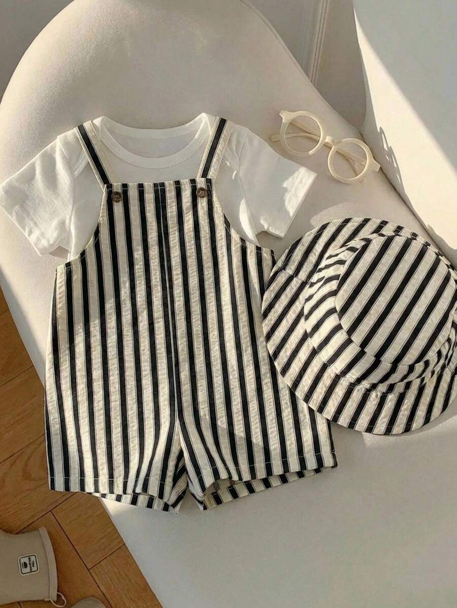 Baby Striped Bib Overalls and Bucket Hat 2 Piece Casual Summer Beach Outfit Set