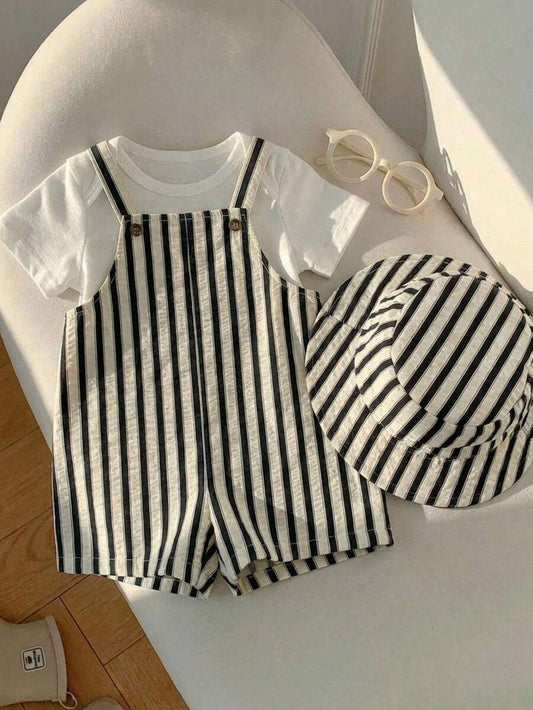 Baby Striped Bib Overalls and Bucket Hat 2 Piece Casual Summer Beach Outfit Set