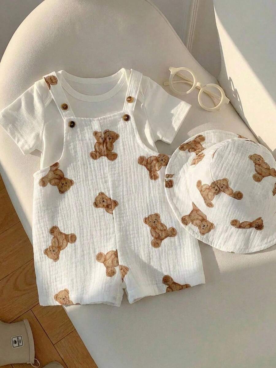 Baby Striped Bib Overalls and Bucket Hat 2 Piece Casual Summer Beach Outfit Set