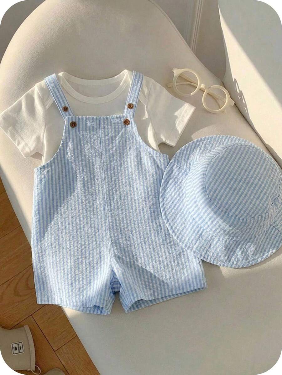 Baby Striped Bib Overalls and Bucket Hat 2 Piece Casual Summer Beach Outfit Set