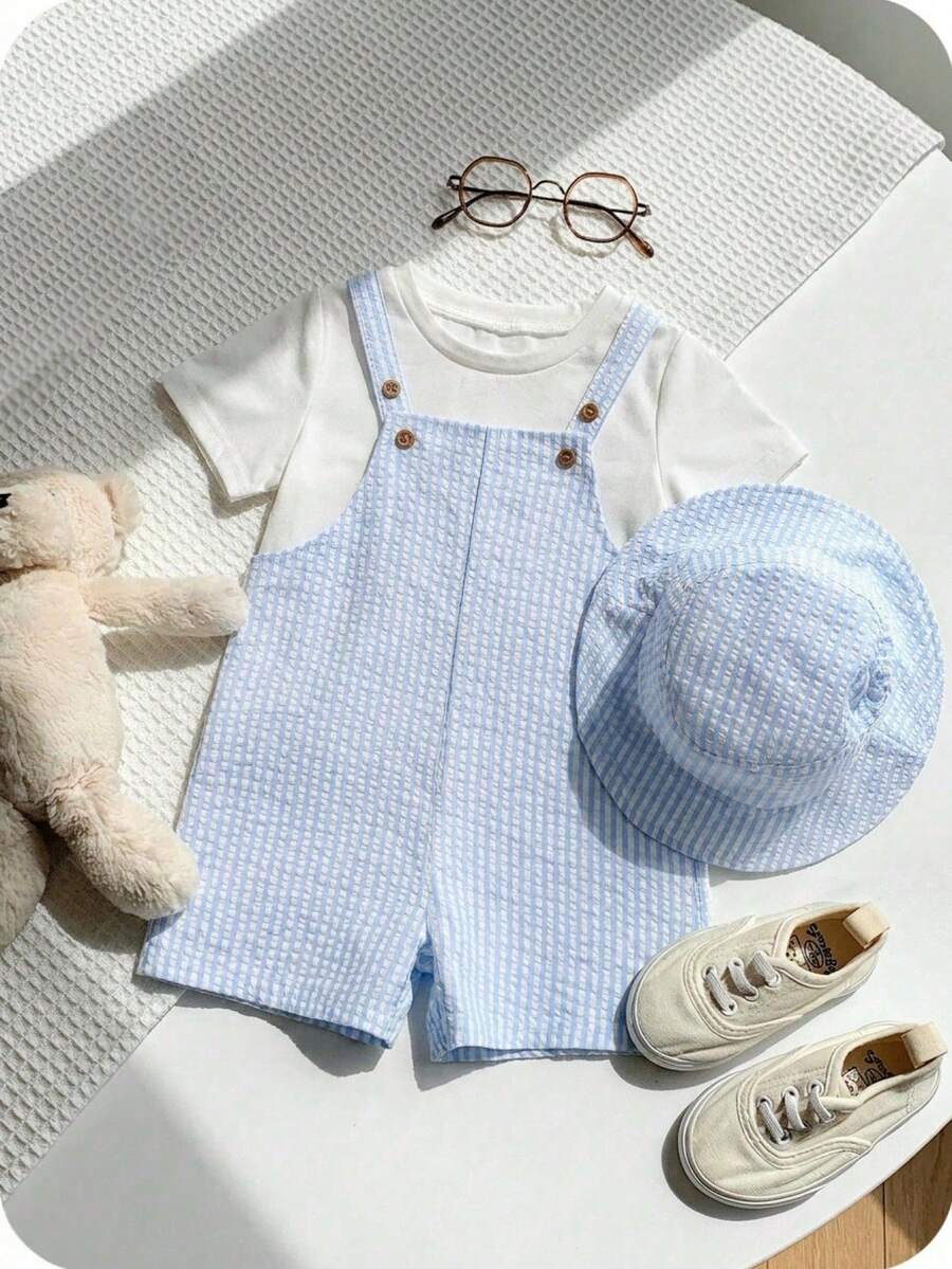 Baby Striped Bib Overalls and Bucket Hat 2 Piece Casual Summer Beach Outfit Set