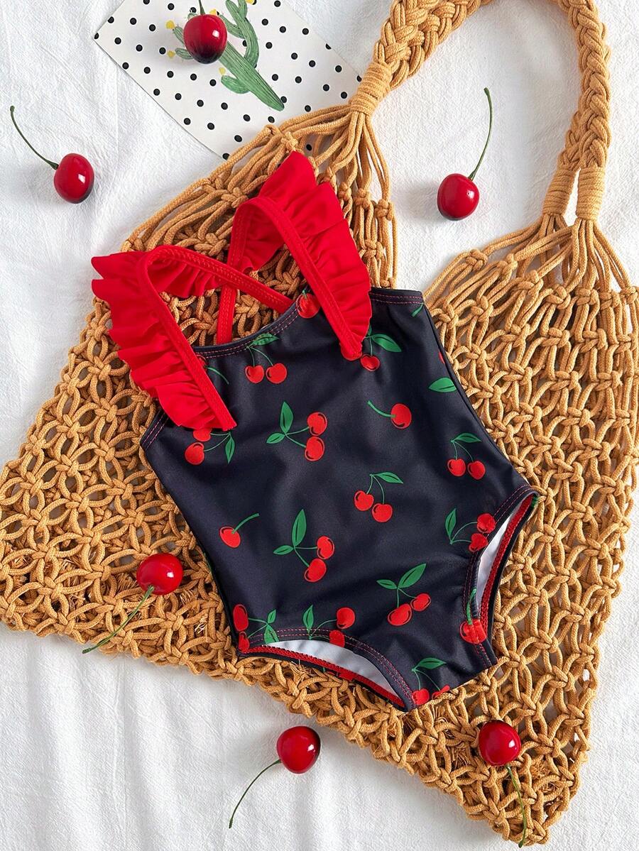 Baby Cherry Print Ruffle One-Piece Swimsuit for Vacation and Summer Play