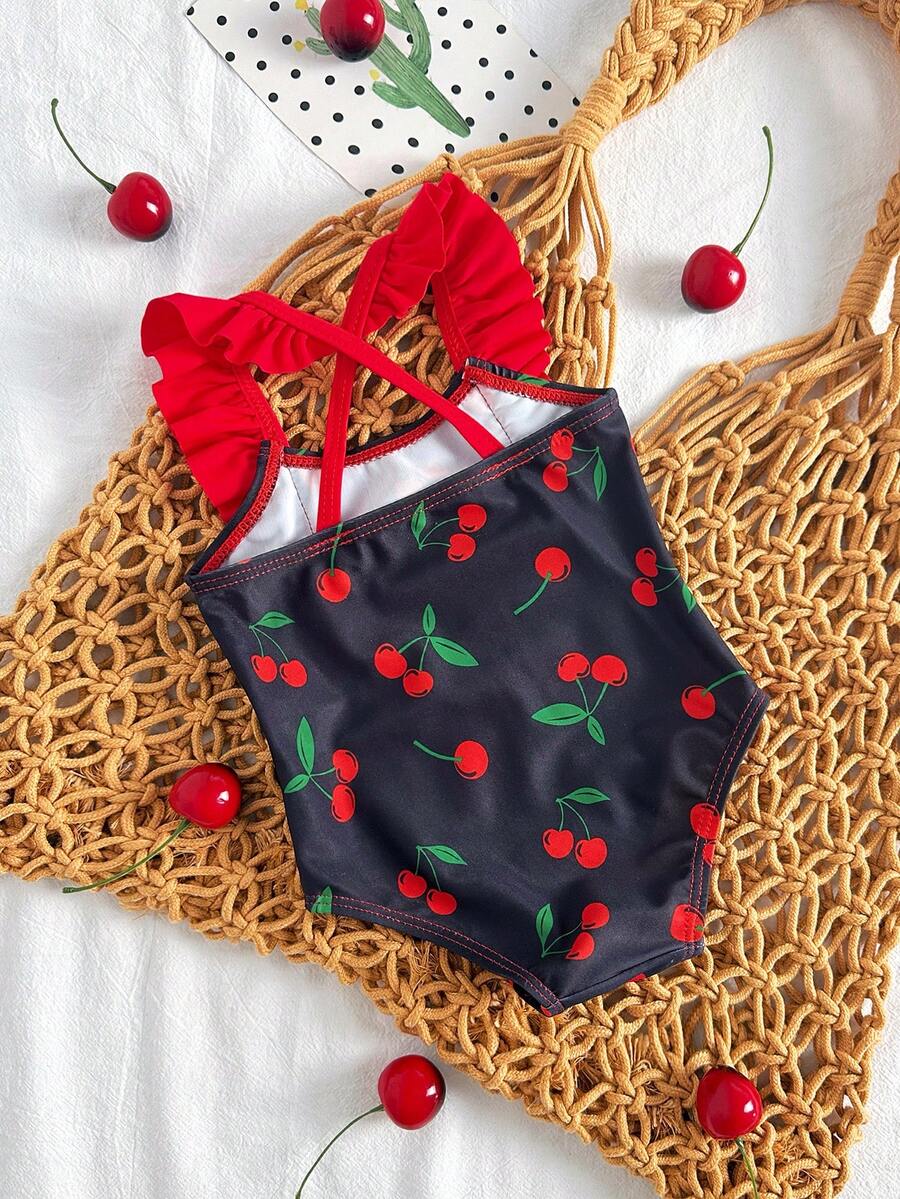 Baby Cherry Print Ruffle One-Piece Swimsuit for Vacation and Summer Play
