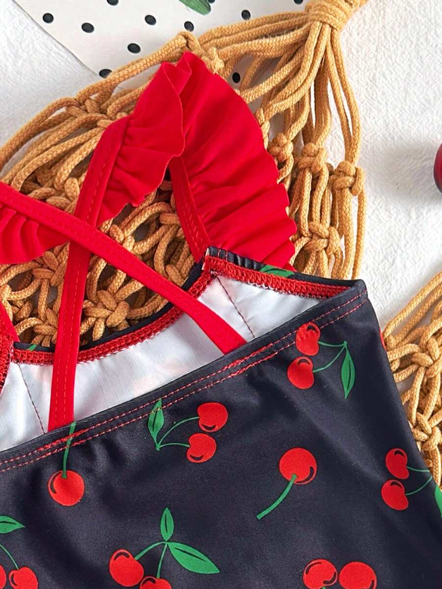 Baby Cherry Print Ruffle One-Piece Swimsuit for Vacation and Summer Play