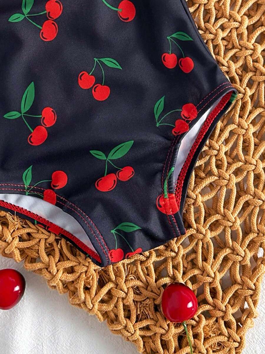 Baby Cherry Print Ruffle One-Piece Swimsuit for Vacation and Summer Play