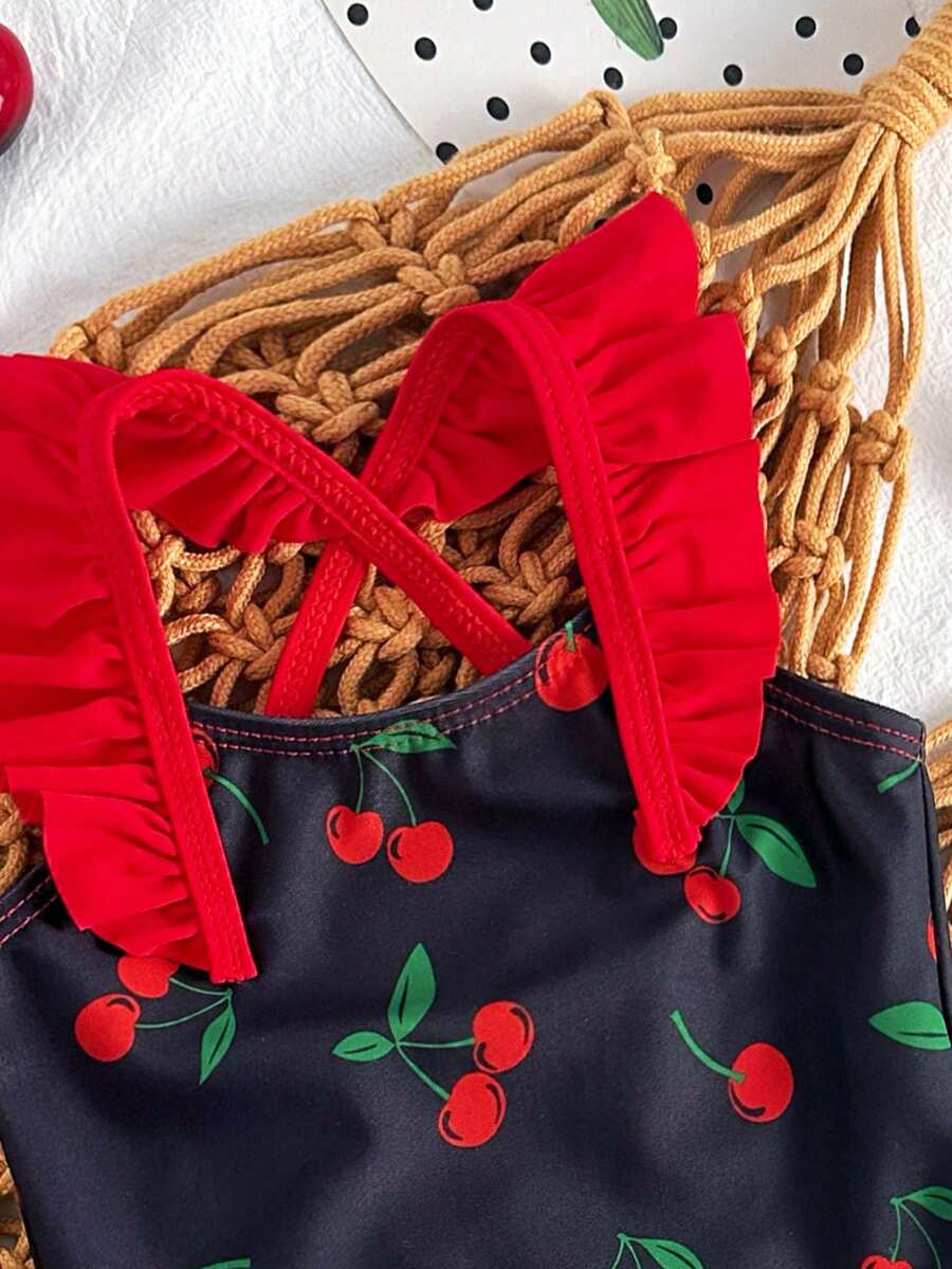 Baby Cherry Print Ruffle One-Piece Swimsuit for Vacation and Summer Play