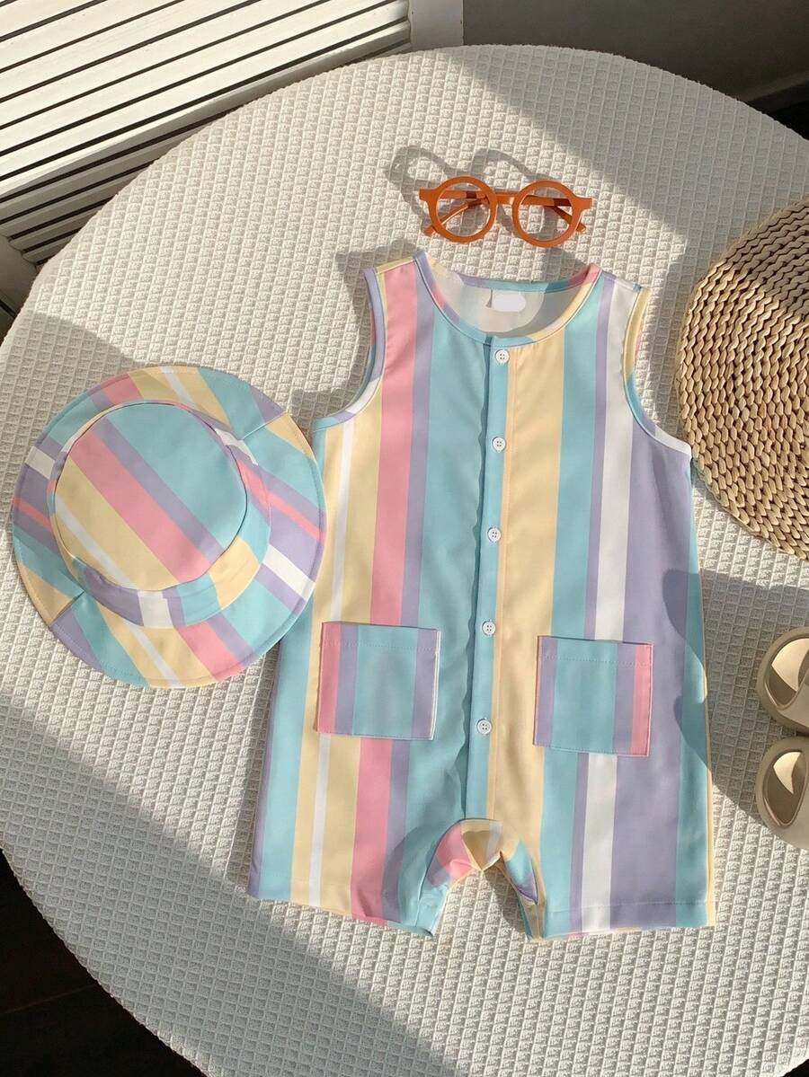 Unisex Baby Green White Striped Sleeveless Jumpsuit and Bucket Hat 2 Piece Summer Vacation Outfit Set