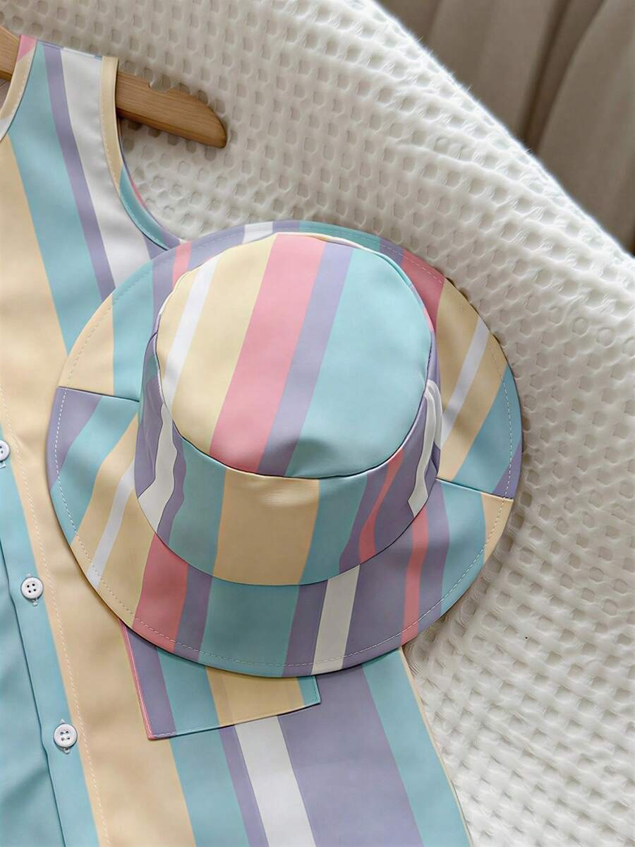 Unisex Baby Green White Striped Sleeveless Jumpsuit and Bucket Hat 2 Piece Summer Vacation Outfit Set