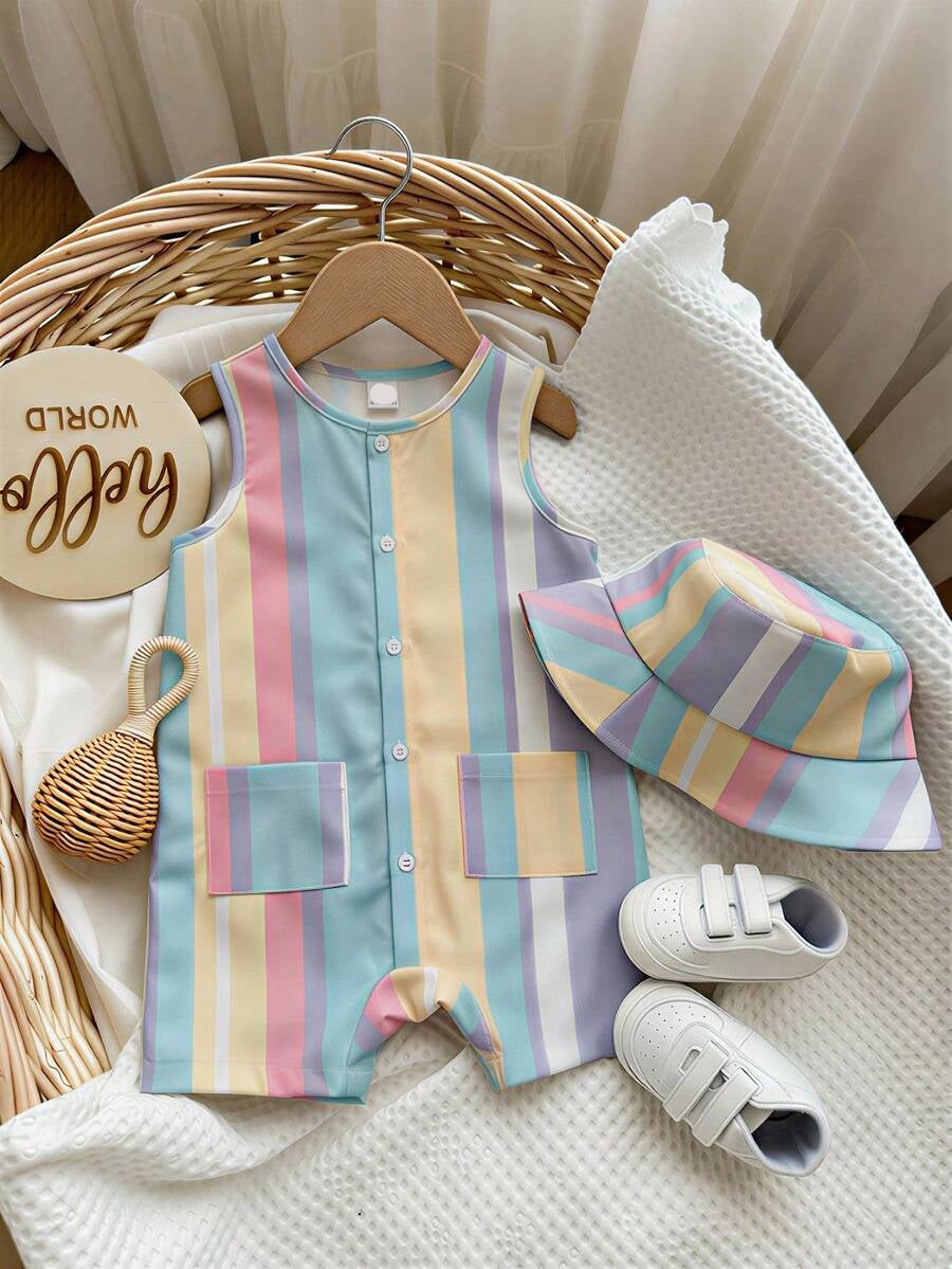 Unisex Baby Green White Striped Sleeveless Jumpsuit and Bucket Hat 2 Piece Summer Vacation Outfit Set