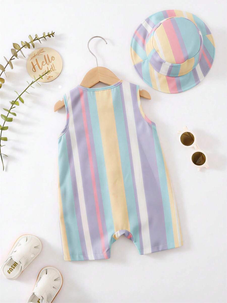 Unisex Baby Green White Striped Sleeveless Jumpsuit and Bucket Hat 2 Piece Summer Vacation Outfit Set