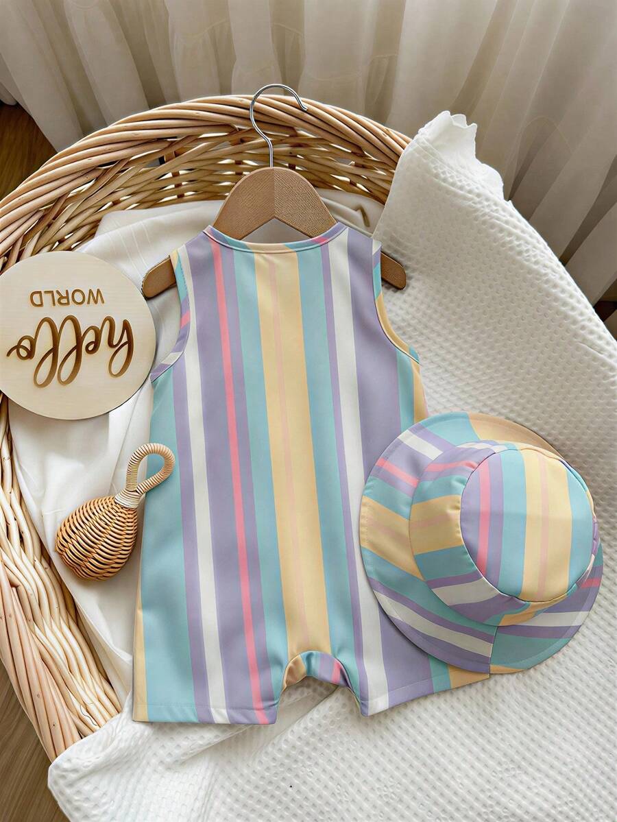 Unisex Baby Green White Striped Sleeveless Jumpsuit and Bucket Hat 2 Piece Summer Vacation Outfit Set