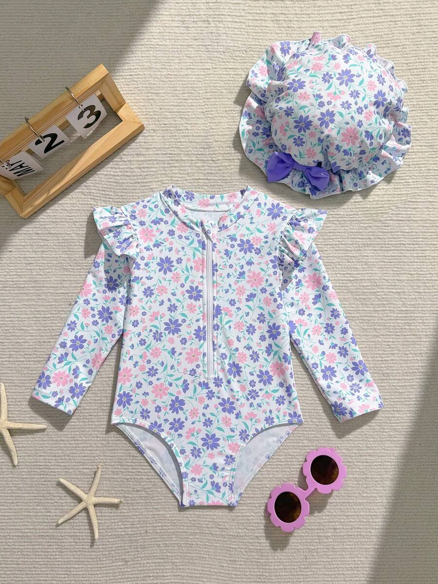 Baby Girls Floral Ruffle Long Sleeve Swimsuit With Hat Tropical Beachwear Set