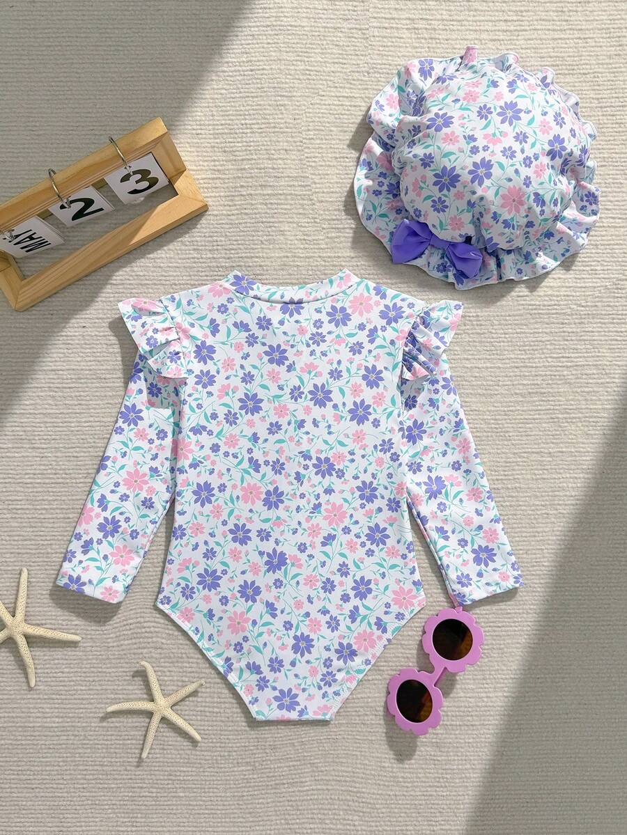 Baby Girls Floral Ruffle Long Sleeve Swimsuit With Hat Tropical Beachwear Set