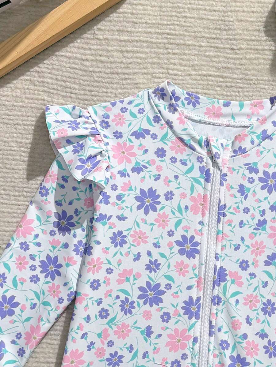 Baby Girls Floral Ruffle Long Sleeve Swimsuit With Hat Tropical Beachwear Set